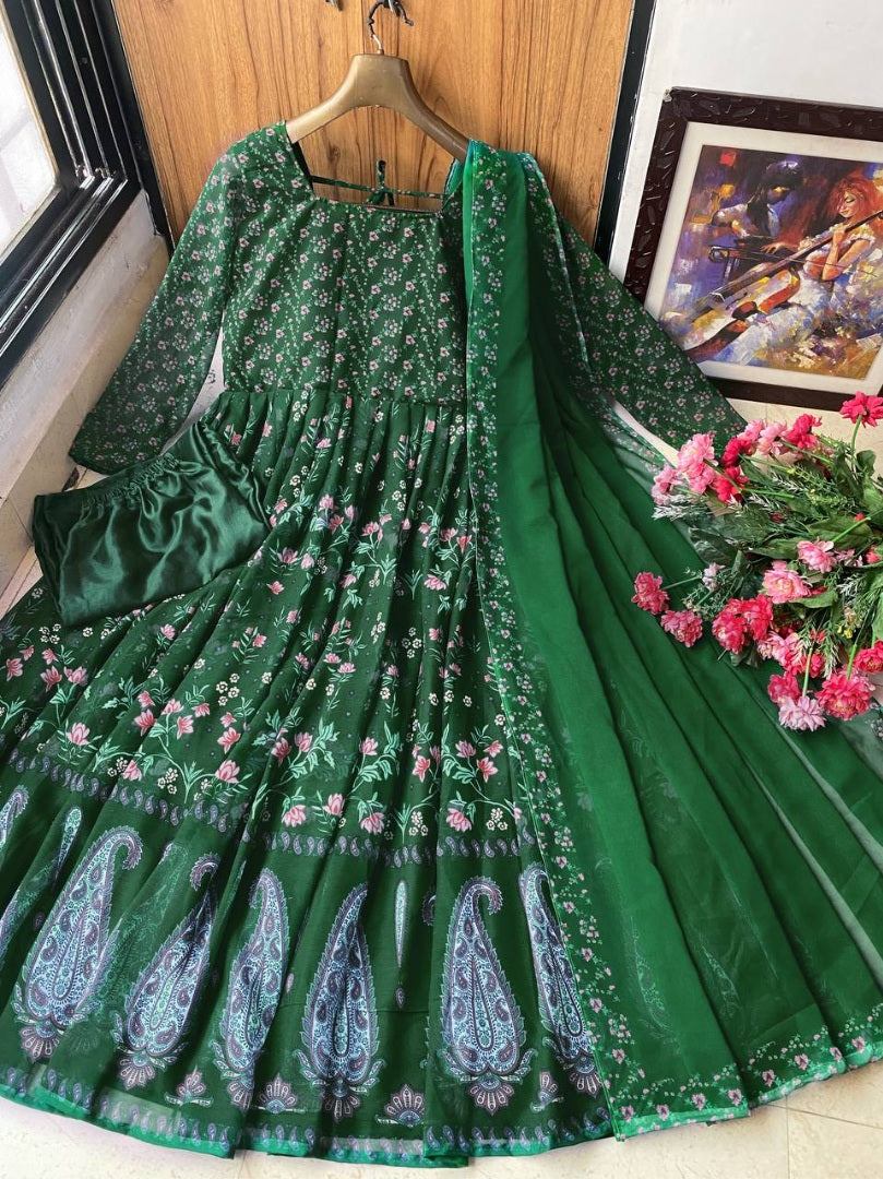 Green georgette digital printed anarkali suit