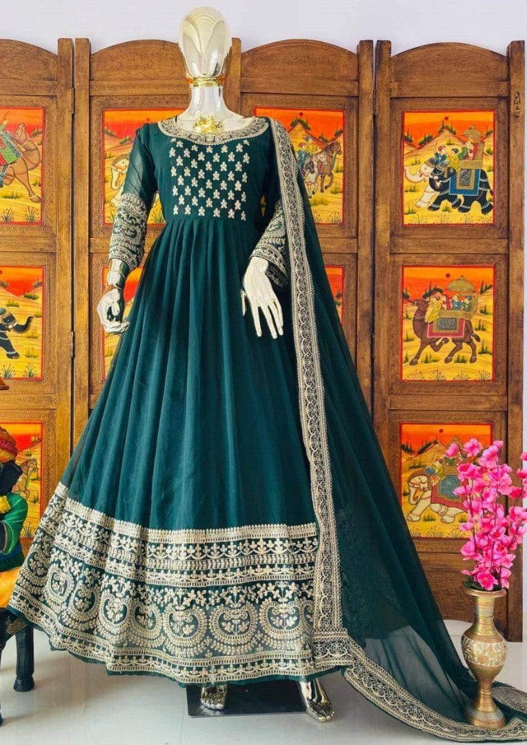 Green georgette embroidered anarkali suit