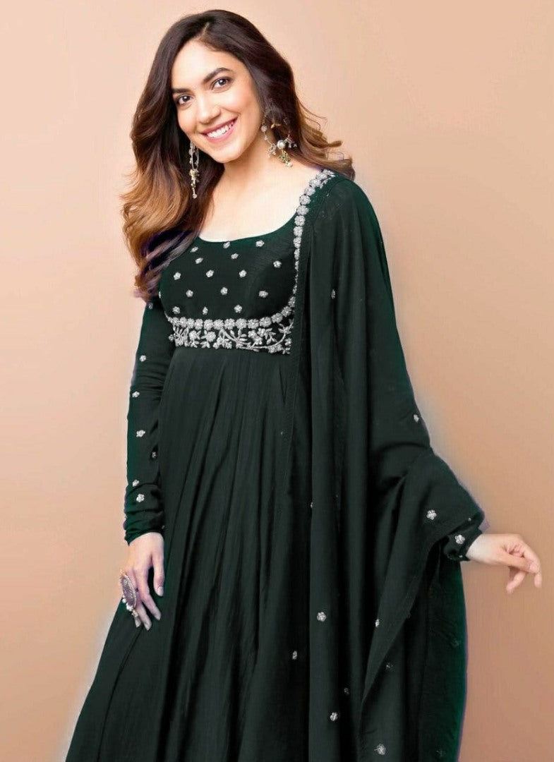 Green georgette embroidered anarkali suit