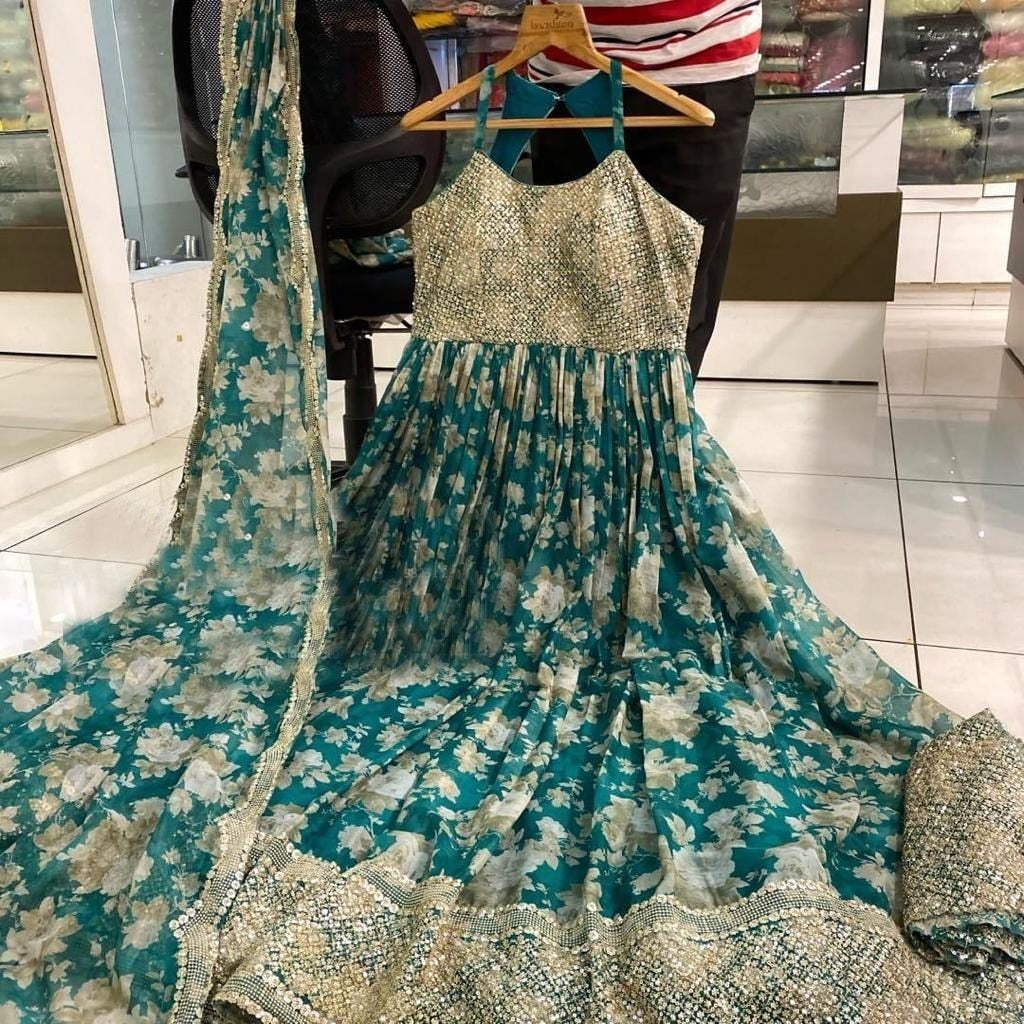 Green georgette embroidered and digital printed long gown