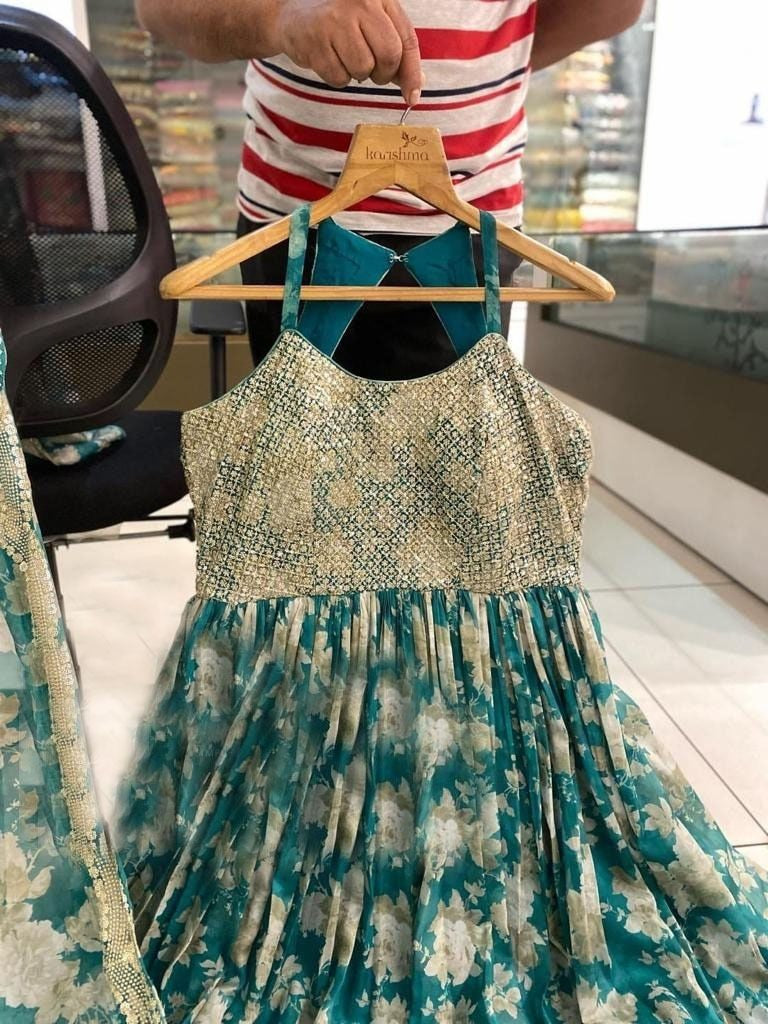 Green georgette embroidered and digital printed long gown