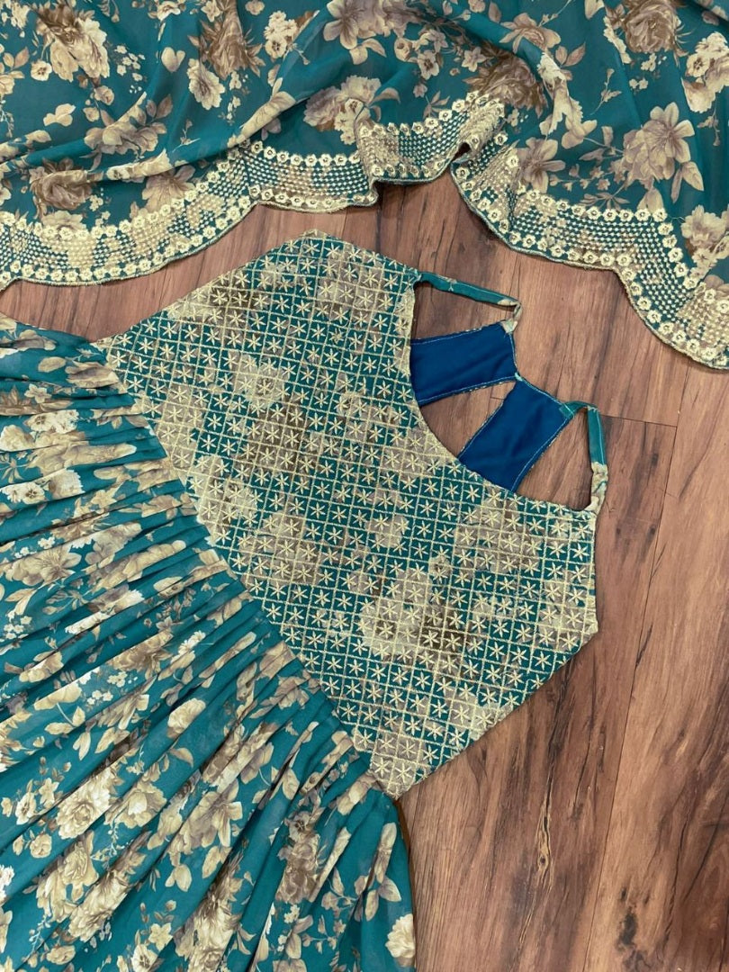 Green georgette embroidered and digital printed long gown