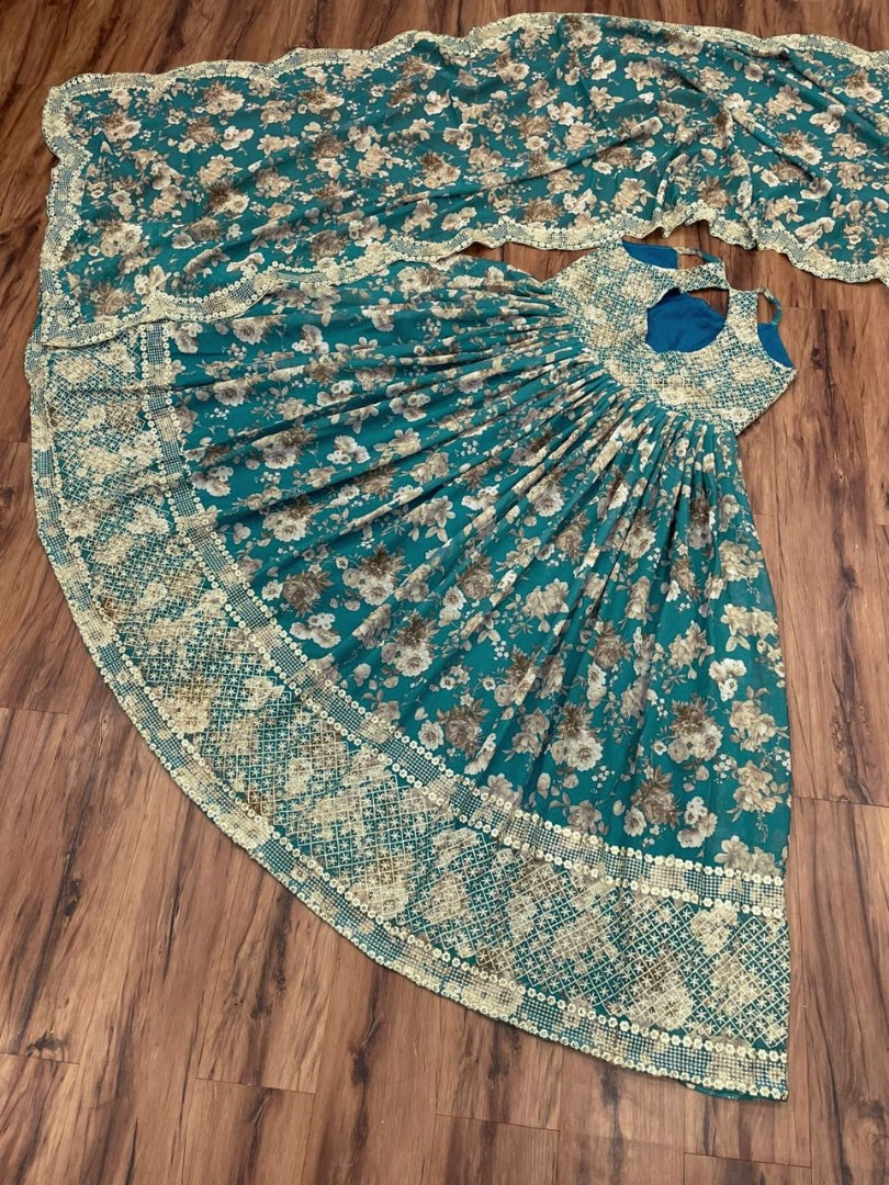 Green georgette embroidered and digital printed long gown