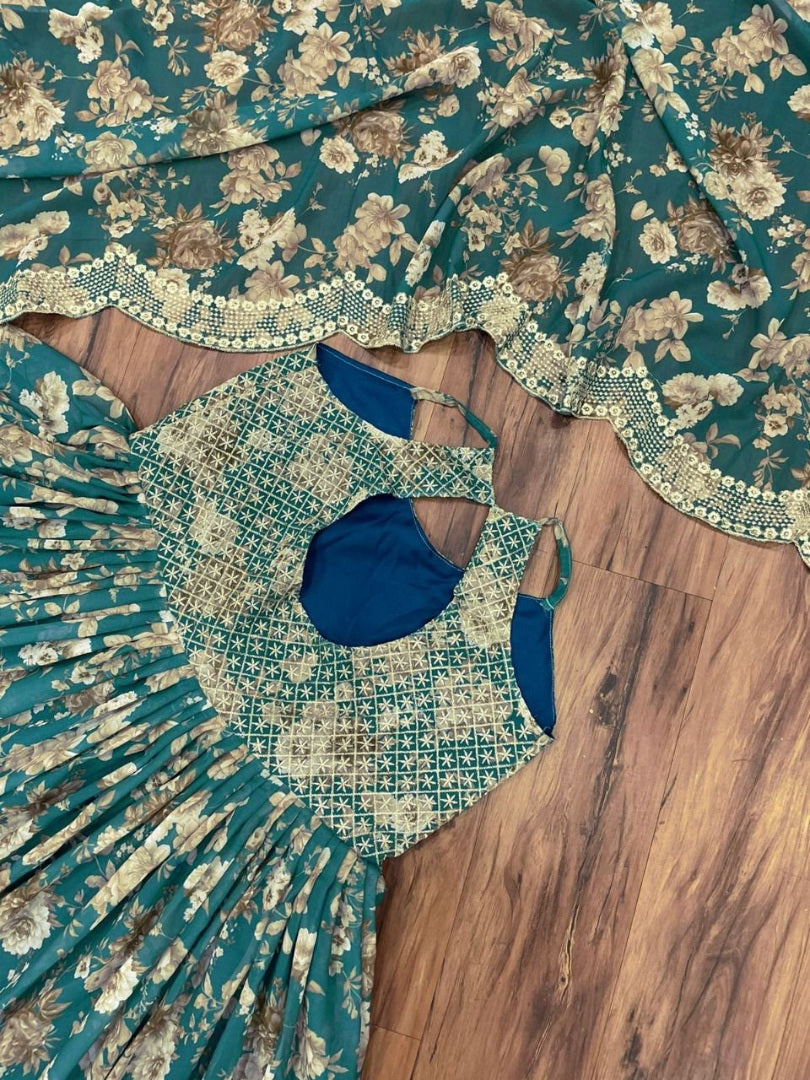 Green georgette embroidered and digital printed long gown