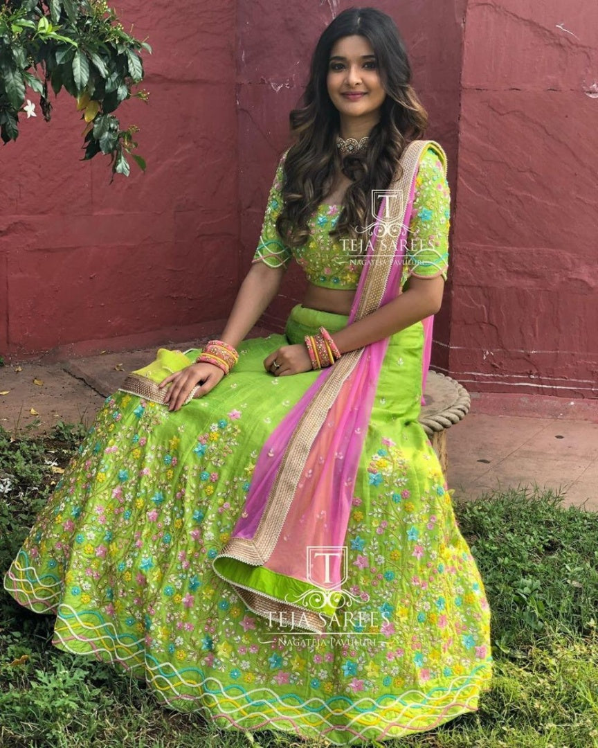 Green georgette embroidered ceremonial lehenga choli