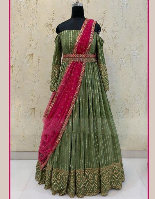 Green georgette embroidered gown for wedding