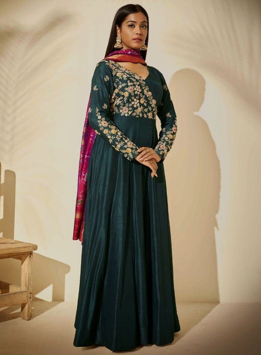 Green georgette embroidered gown with printed dupatta