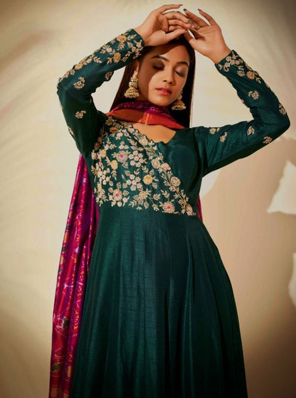 Green georgette embroidered gown with printed dupatta