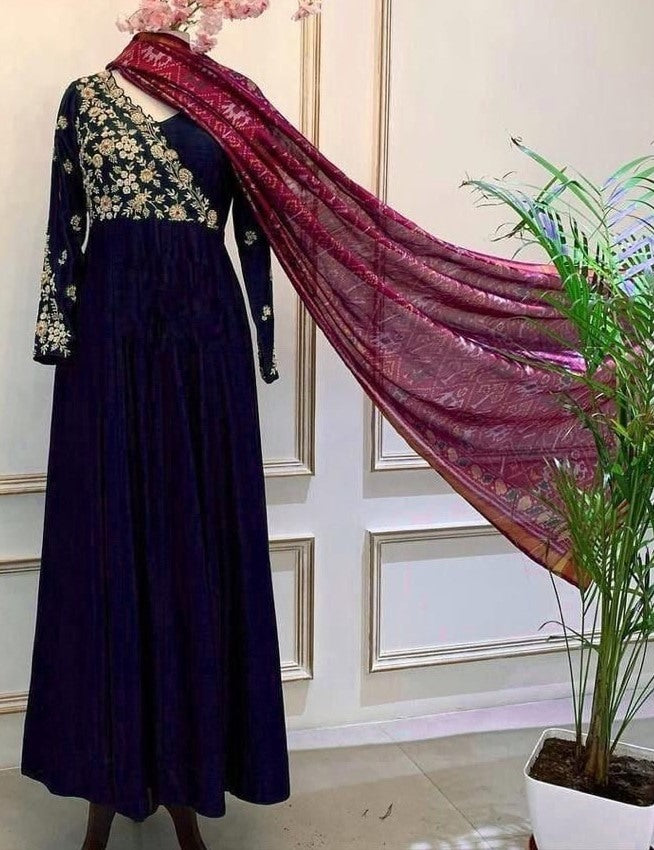 Green georgette embroidered gown with printed dupatta