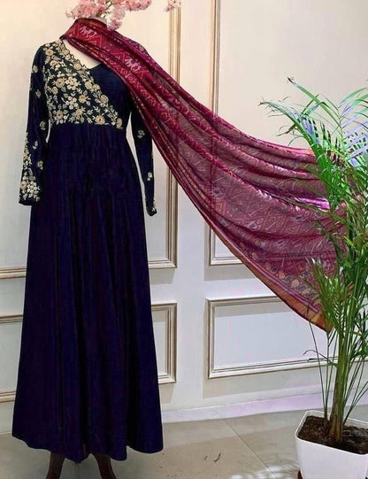 Green georgette embroidered gown with printed dupatta