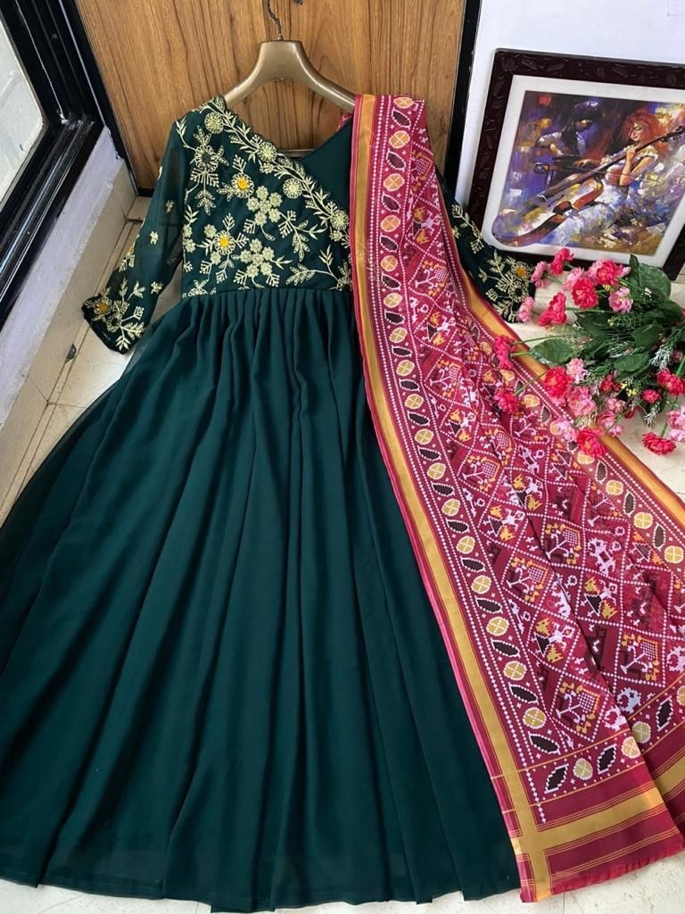 Green georgette embroidered gown with printed dupatta