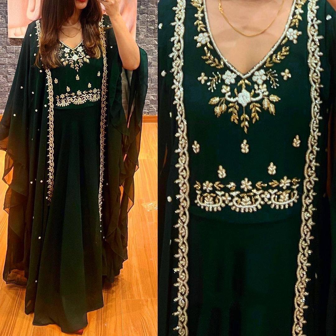 Green georgette embroidered indowestern gown