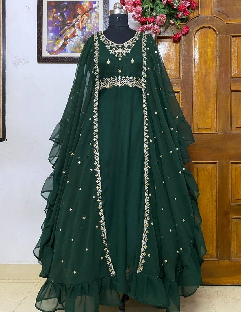 Green georgette embroidered indowestern gown