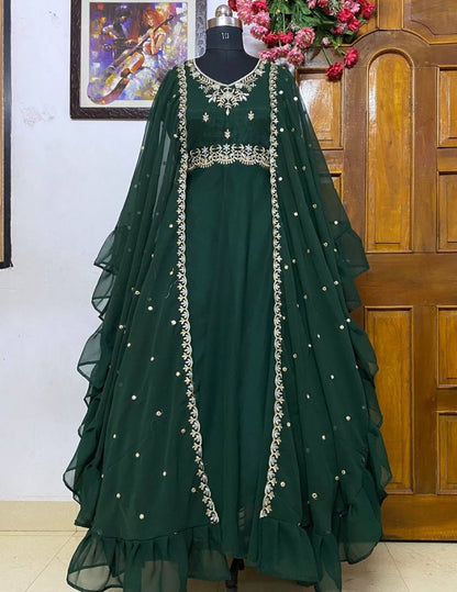 Green georgette embroidered indowestern gown