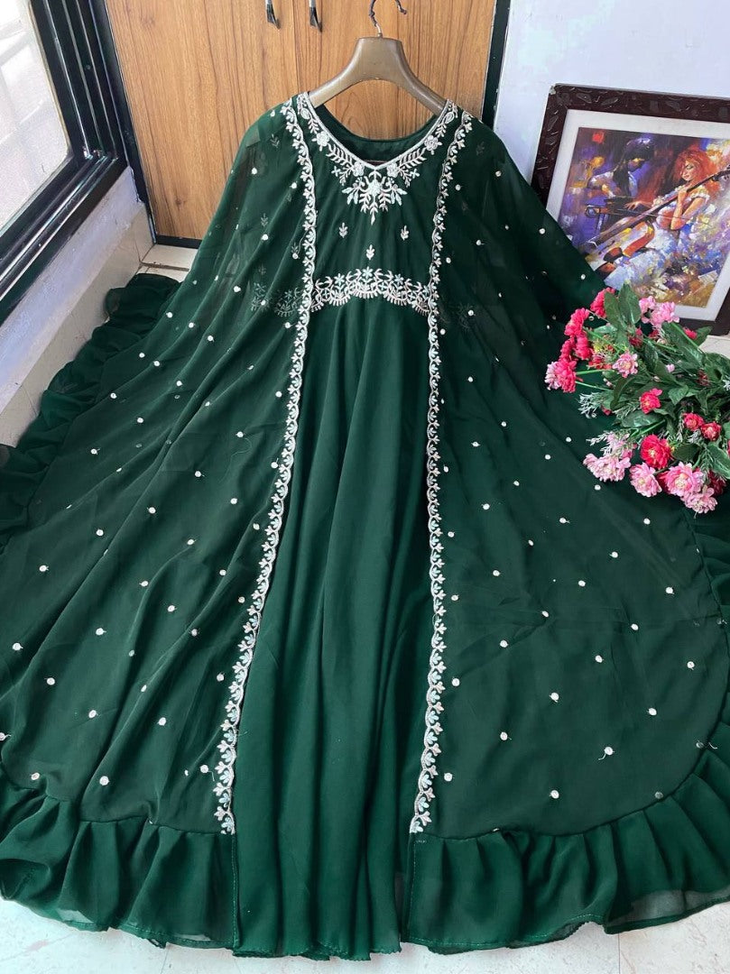 Green georgette embroidered indowestern gown