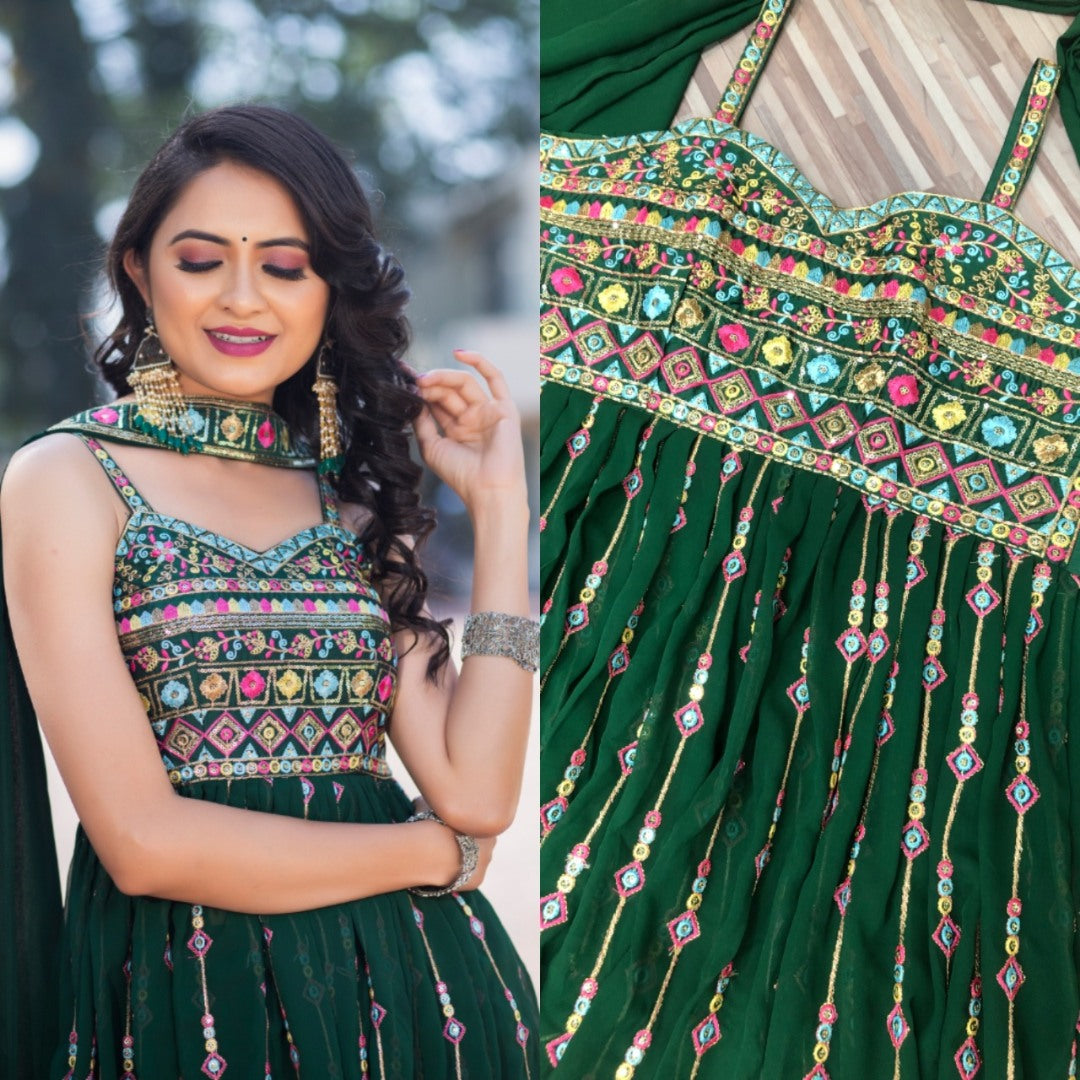 Green georgette fancy embroidery work sharara suit