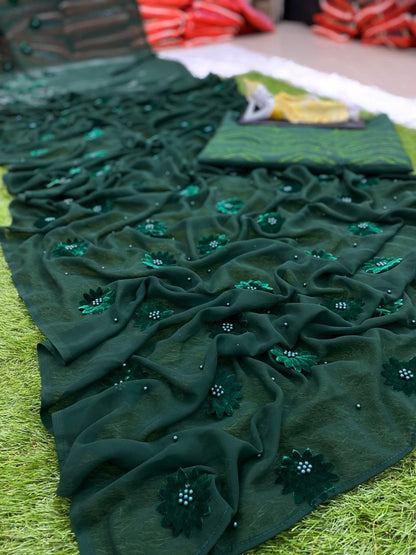 Green georgette fancy work saree