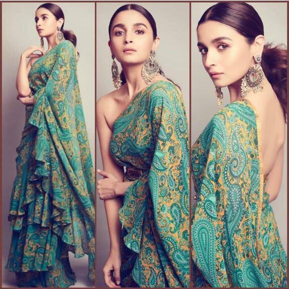 Green georgette floral digital printed designer ruffle saree
