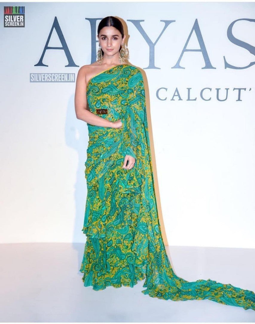 Green georgette floral digital printed designer ruffle saree