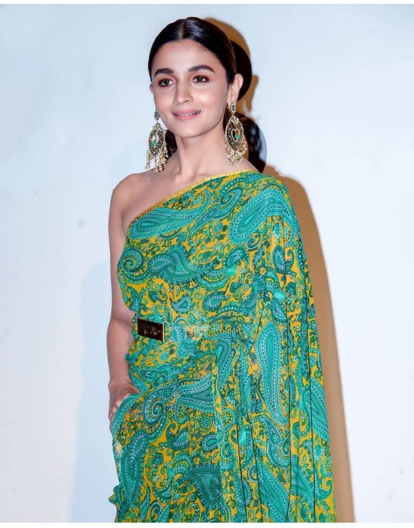 Green georgette floral digital printed designer ruffle saree