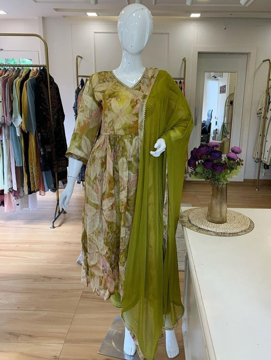 Green georgette floral print and handwork anarkali suit