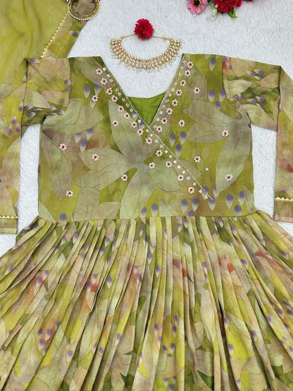 Green georgette floral print and handwork anarkali suit