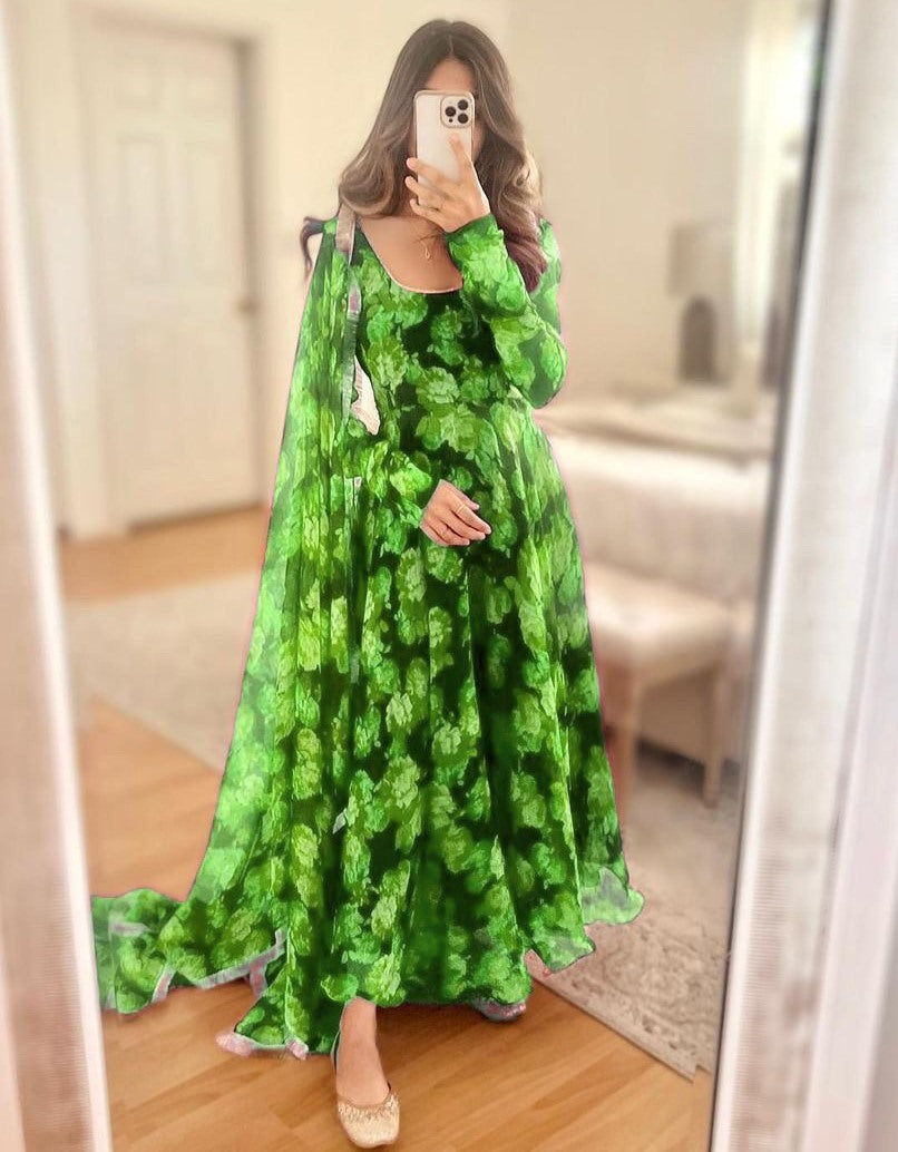 Green georgette floral printed long anarkali suit