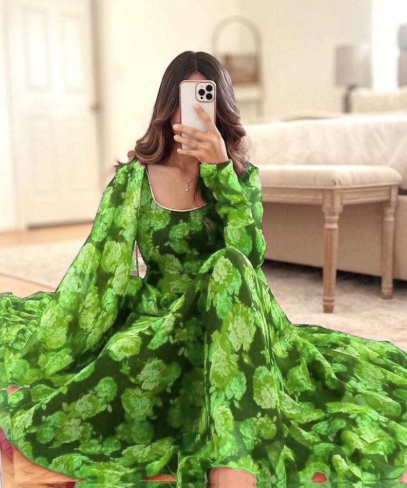 Green georgette floral printed long anarkali suit