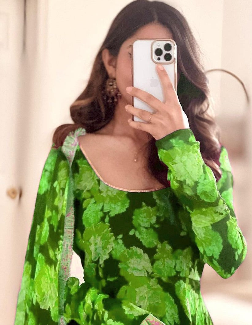 Green georgette floral printed long anarkali suit
