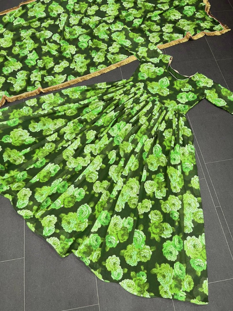 Green georgette floral printed long anarkali suit