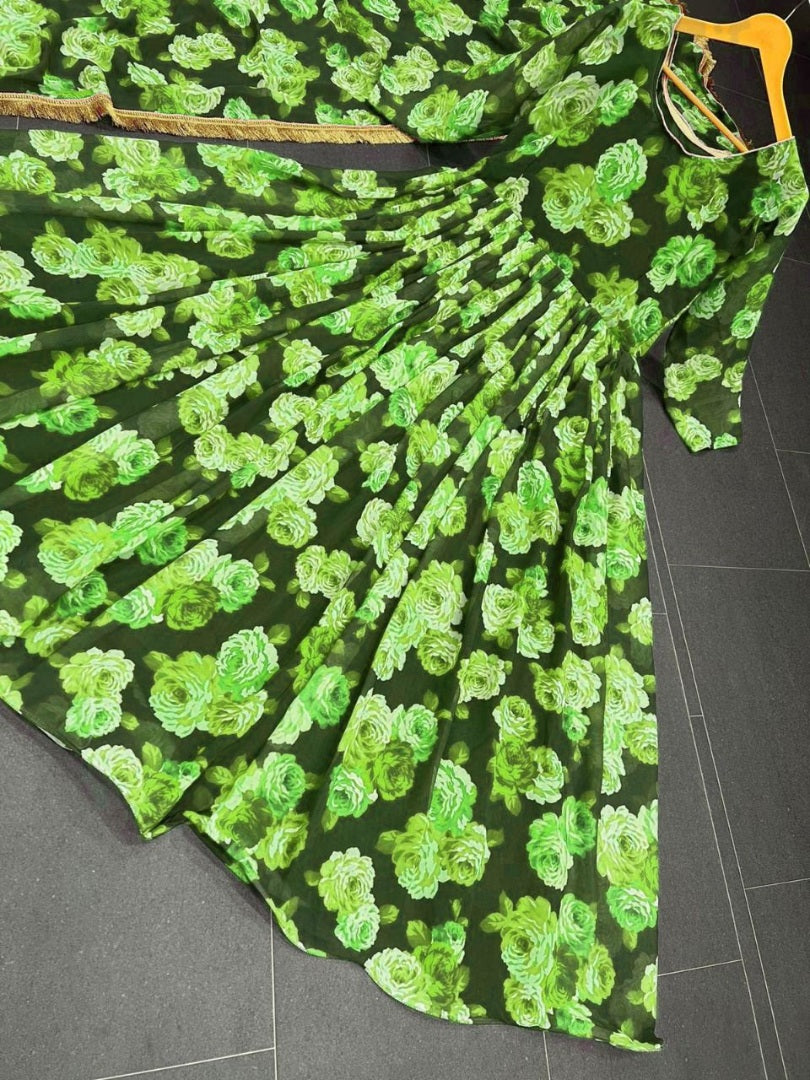 Green georgette floral printed long anarkali suit