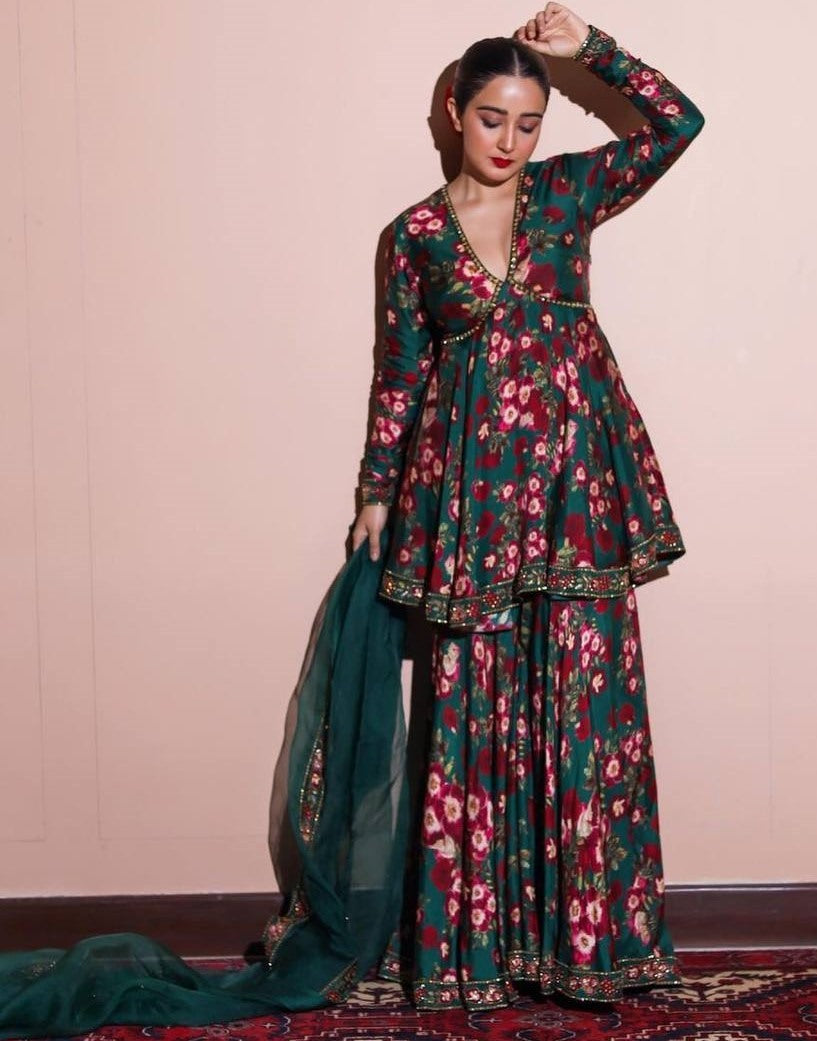 Green georgette floral printed sharara suit