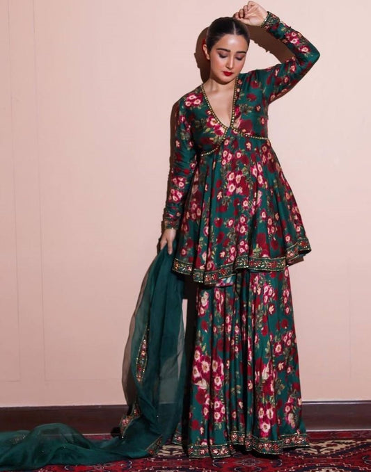 Green georgette floral printed sharara suit