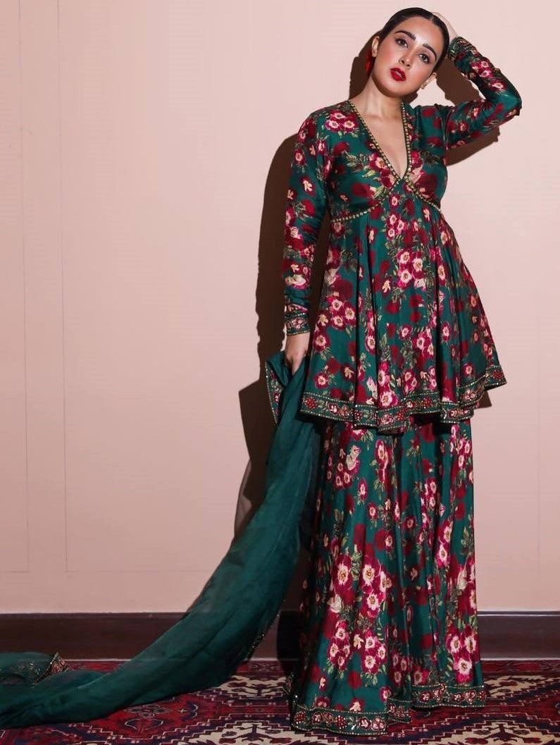 Green georgette floral printed sharara suit