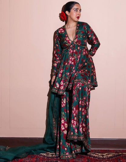 Green georgette floral printed sharara suit
