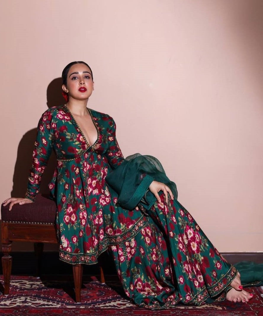 Green georgette floral printed sharara suit