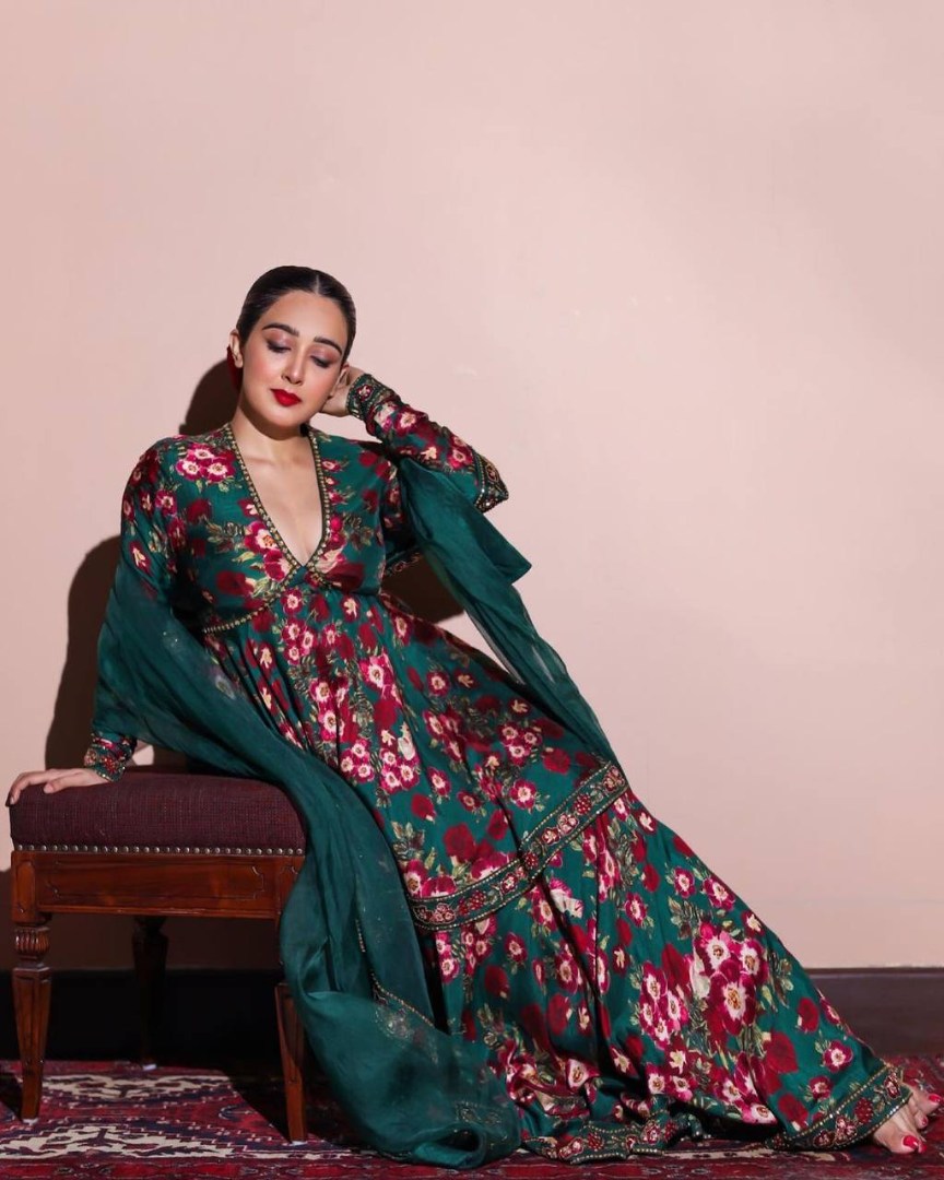 Green georgette floral printed sharara suit