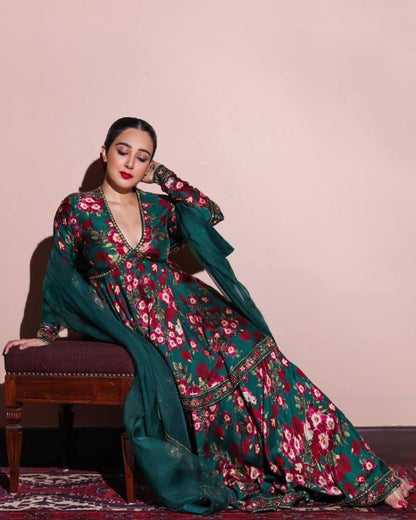 Green georgette floral printed sharara suit