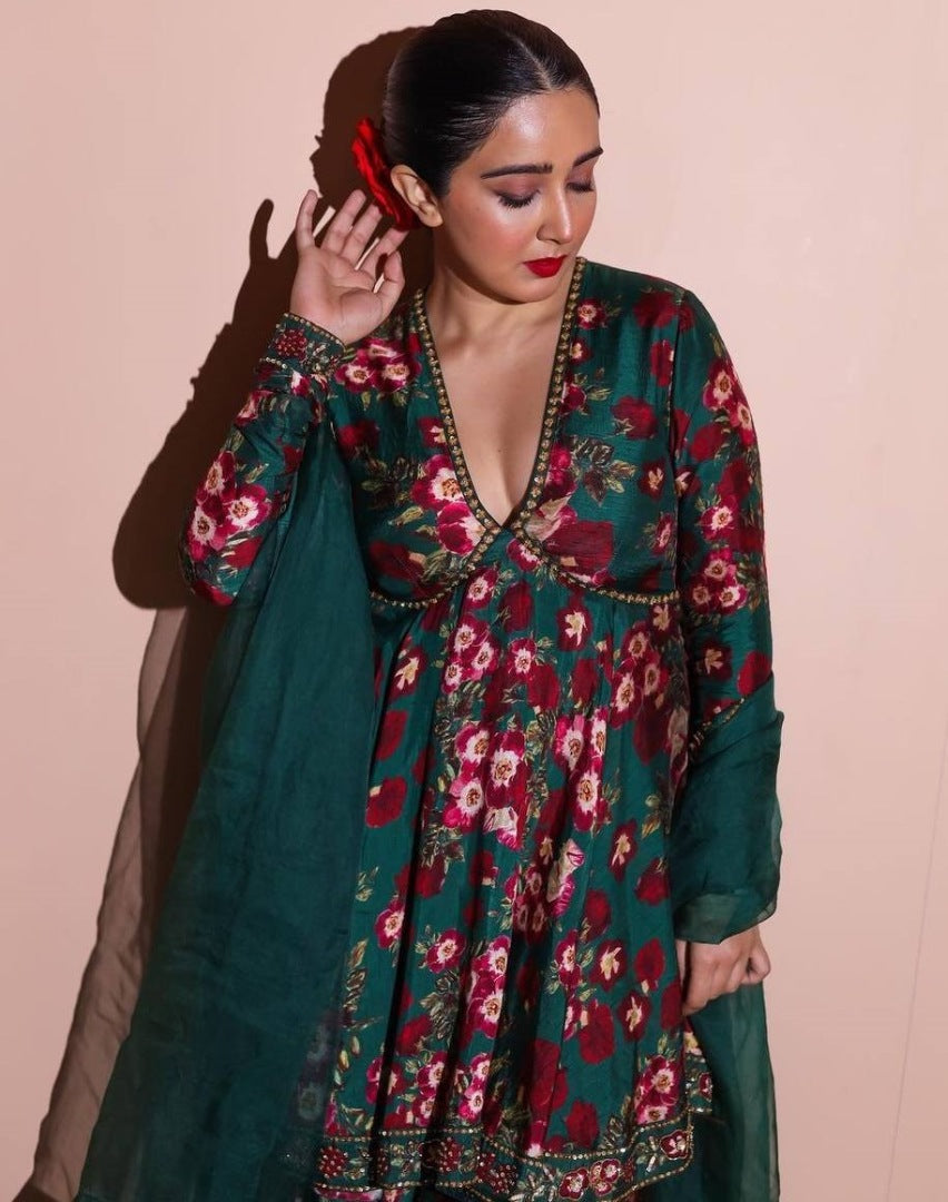 Green georgette floral printed sharara suit