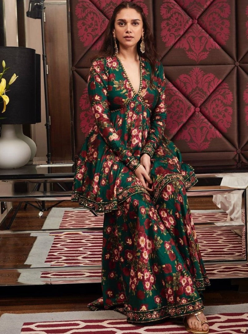 Green georgette floral printed sharara suit