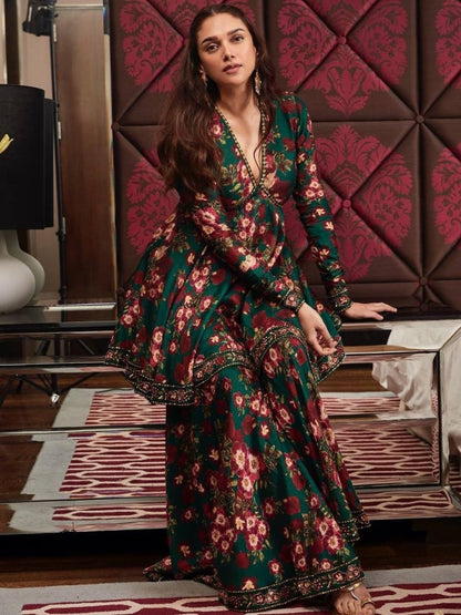 Green georgette floral printed sharara suit