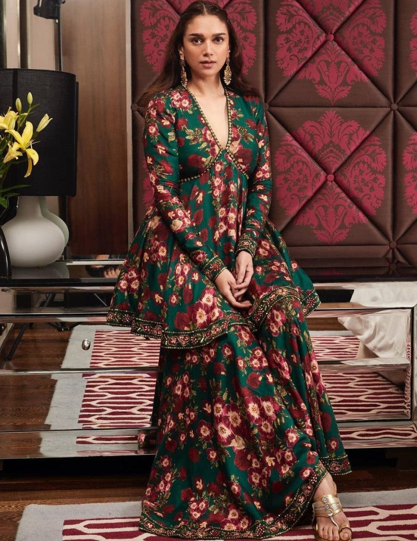 Green georgette floral printed sharara suit