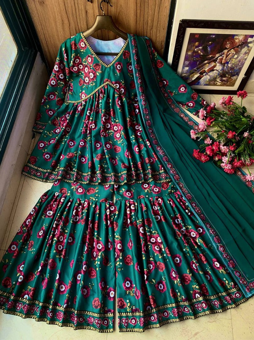 Green georgette floral printed sharara suit