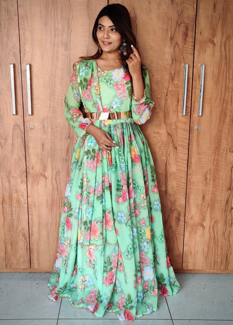 Green georgette flower printed anarkali suit