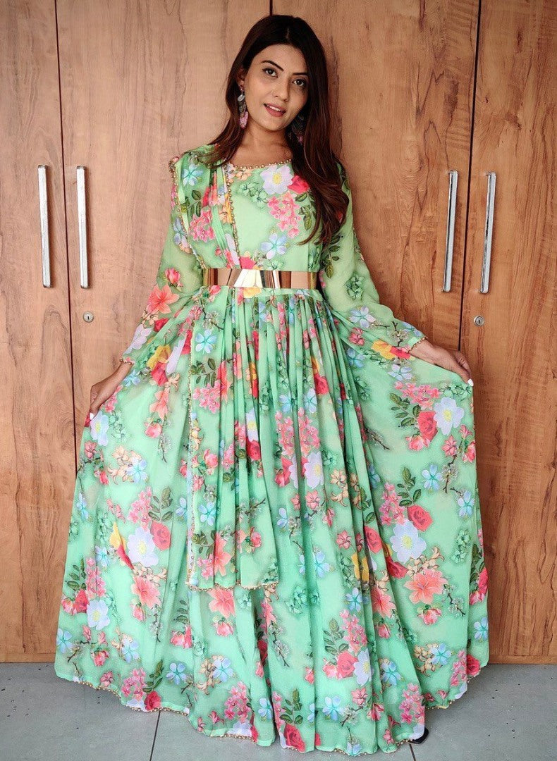Green georgette flower printed anarkali suit