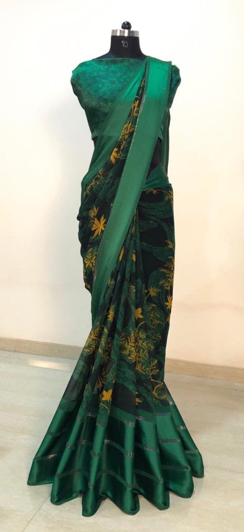 Green georgette flower printed georgette satin patta broder saree