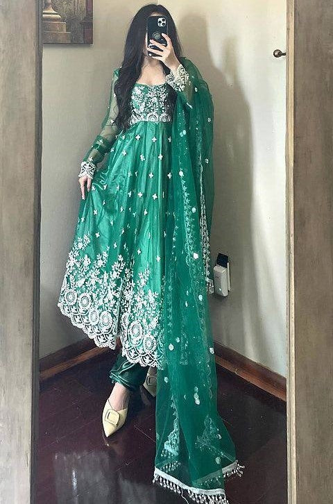 Green georgette heavy chainstitch embroidery party wear anarkali suit