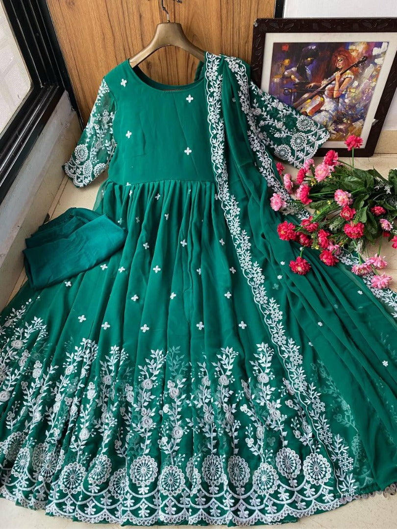 Green georgette heavy chainstitch embroidery party wear anarkali suit