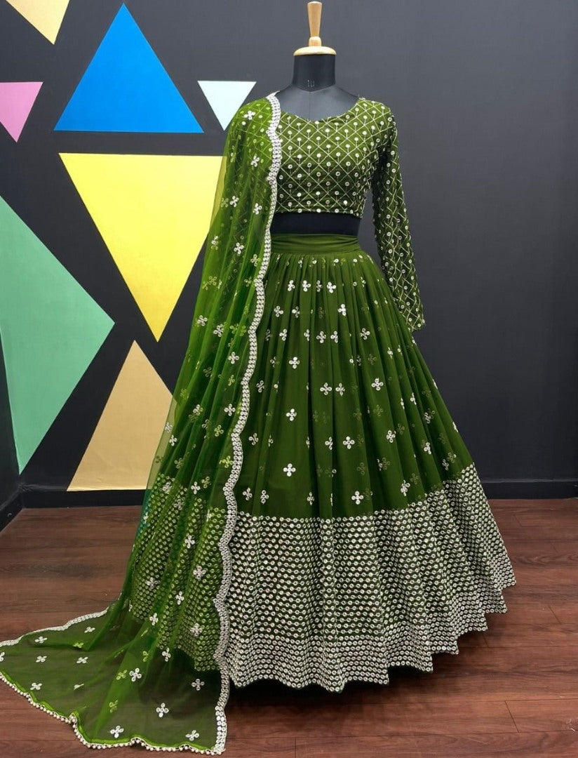 Green georgette heavy embroidered lehenga choli for wedding