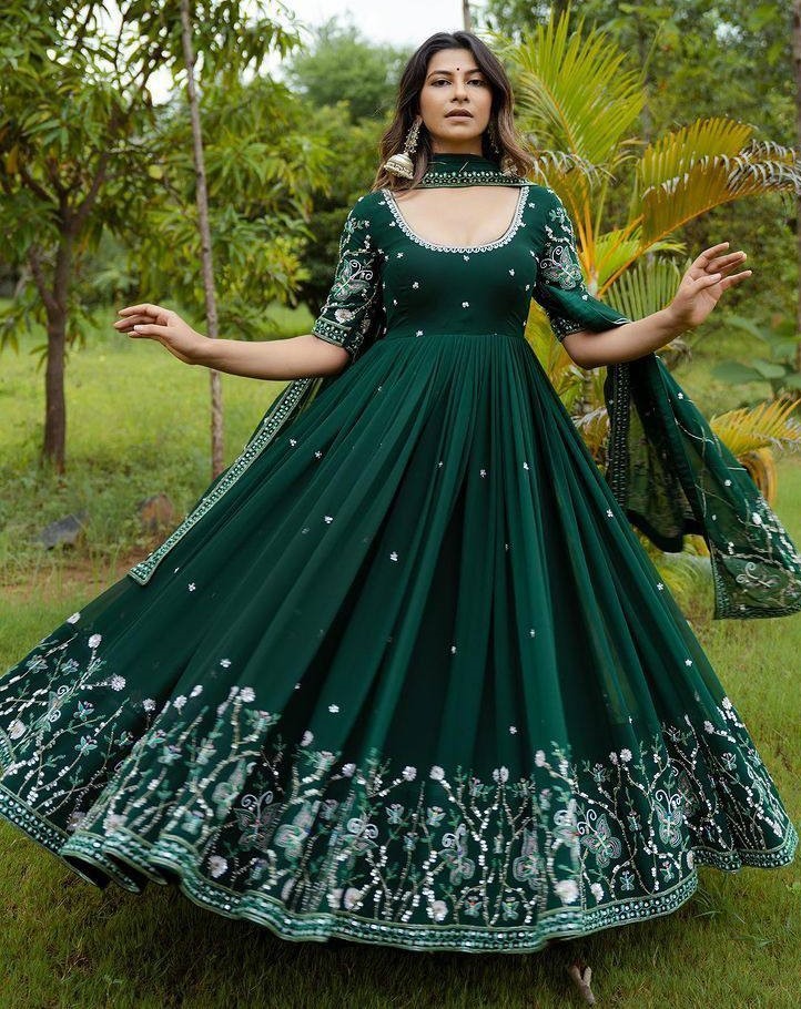 Green georgette heavy embroidered wedding anarkali suit
